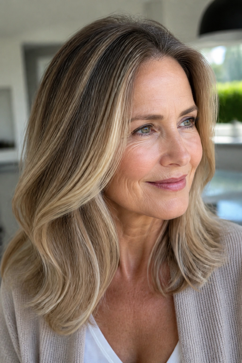 Close-up portrait of a real woman with cool beige highlights on dark blonde base