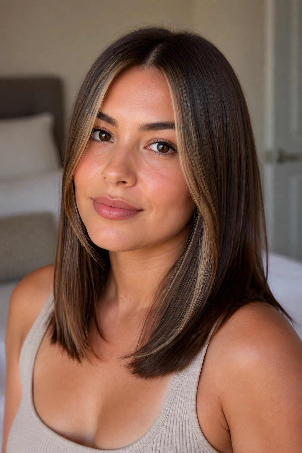 Close-up of a real woman with sleek mid-length brown hair and beige highlights catching soft window light.
