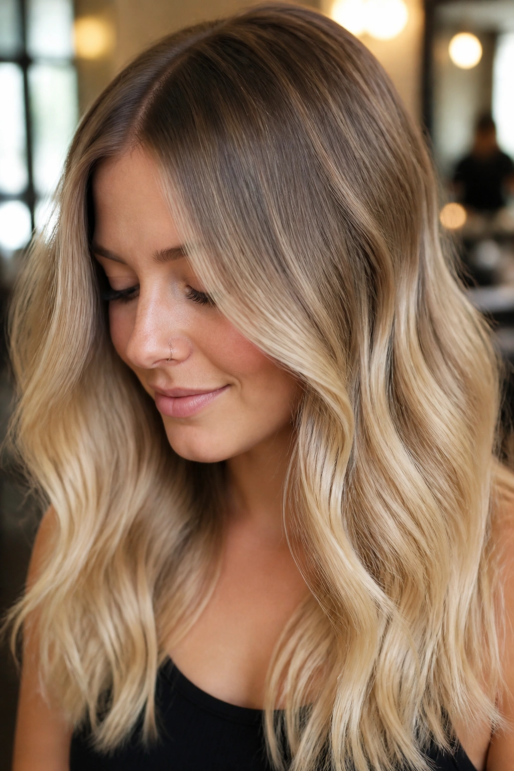 Real woman with beige-honey root melt and soft waves under warm light