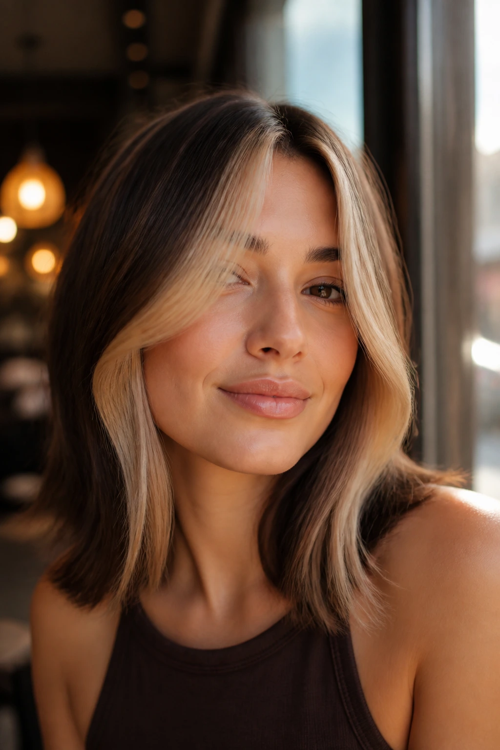 Portrait of beige panels framing curtain bangs on brown hair.
