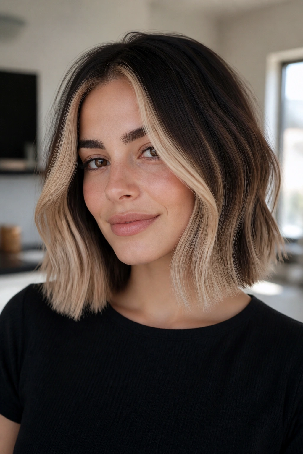 Shoulder-length bob with beige panels framing the face on a real person