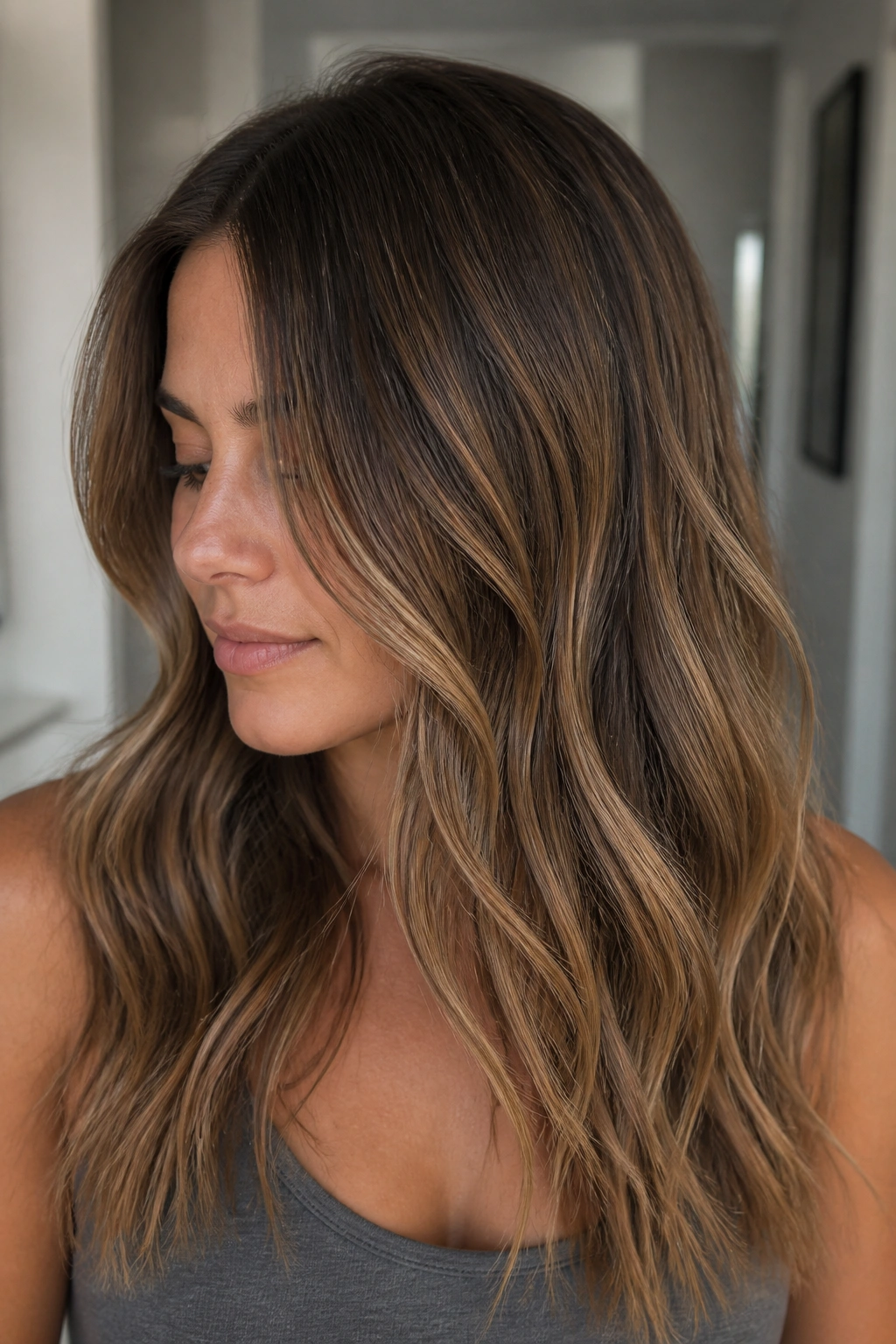Close-up portrait of beige ribbon balayage with subtle ribbons in brunette hair