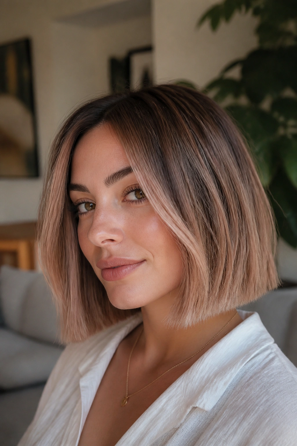 Close-up of blunt-cut bob with beige-rose balayage in soft daylight