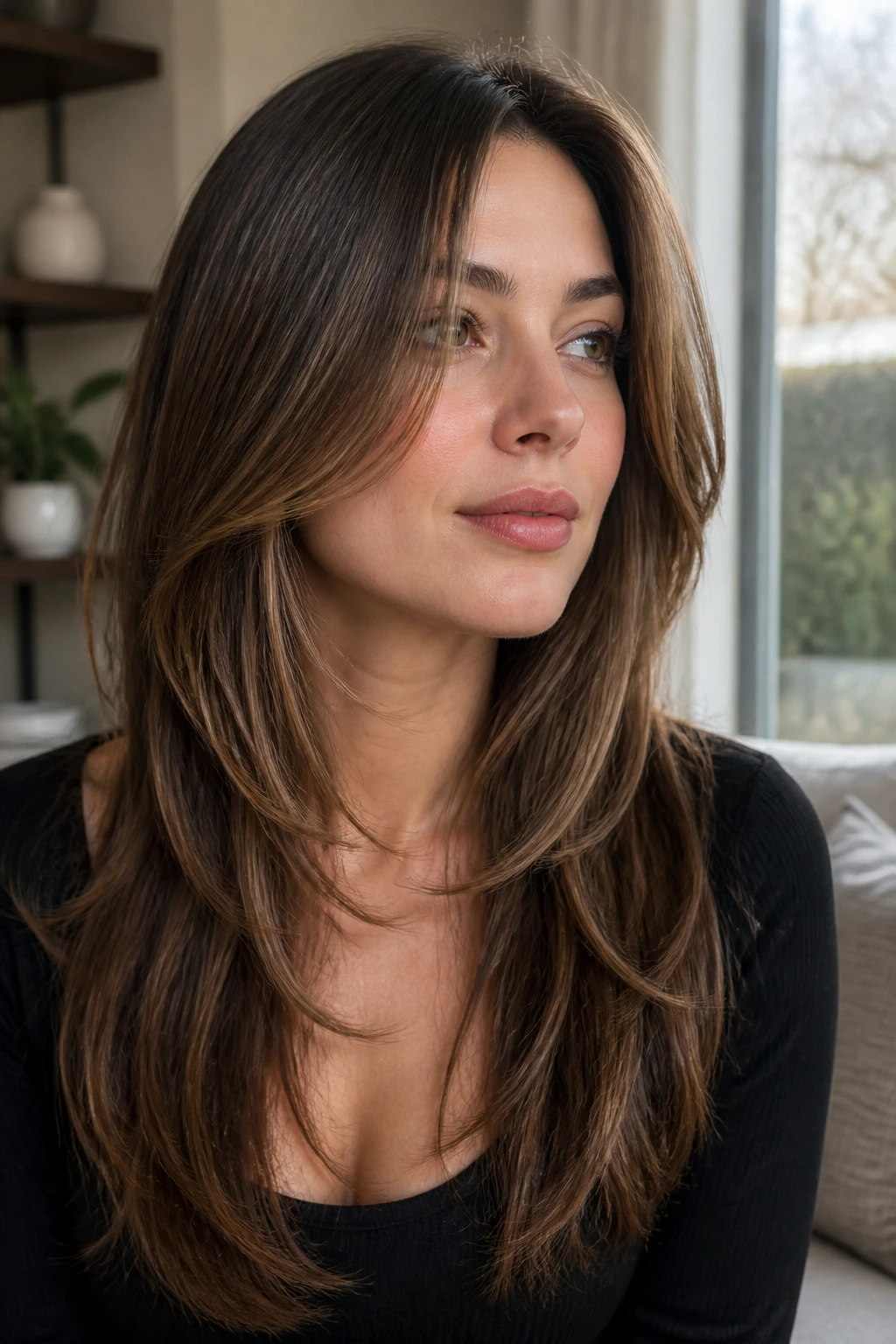 Close-up portrait of a real woman showing layers starting below the chin.