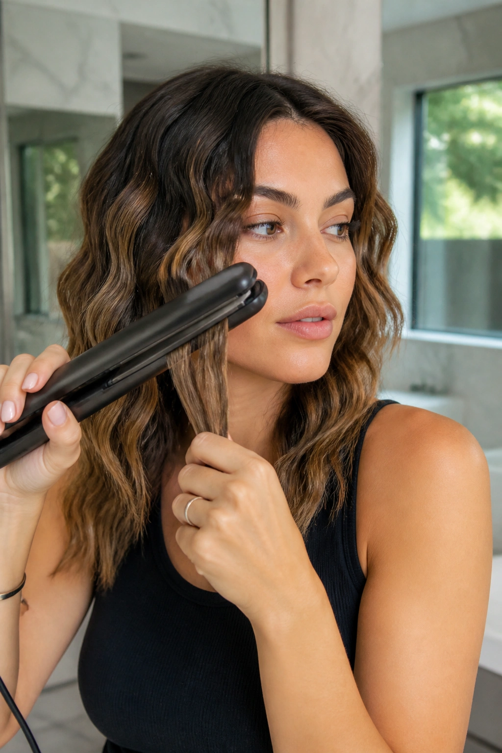 Close-up of a real woman with bent waves created by a flat iron
