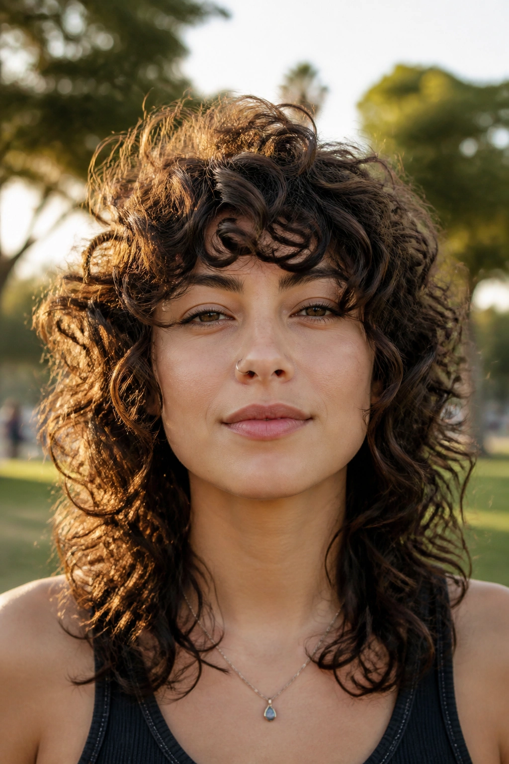Close-up of a real person with a wolf shag tailored to curl pattern, showing layered front.