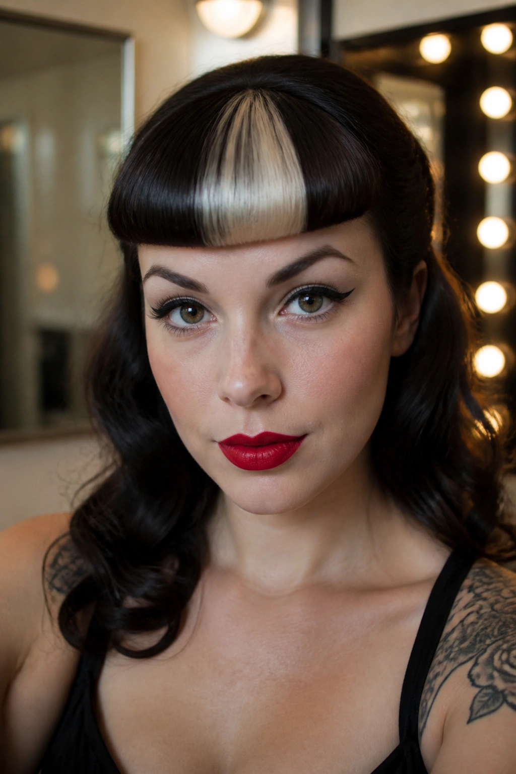 Close-up of Bettie-style bangs with a white-blonde stripe on a real person.