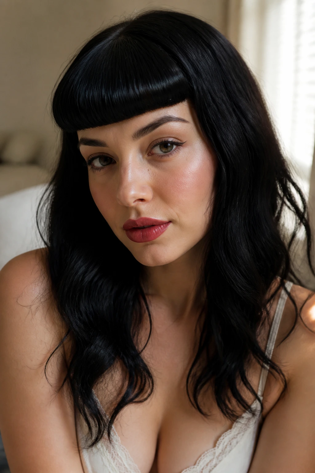 Close-up portrait of a real woman with Bettie Page bangs and loose waves