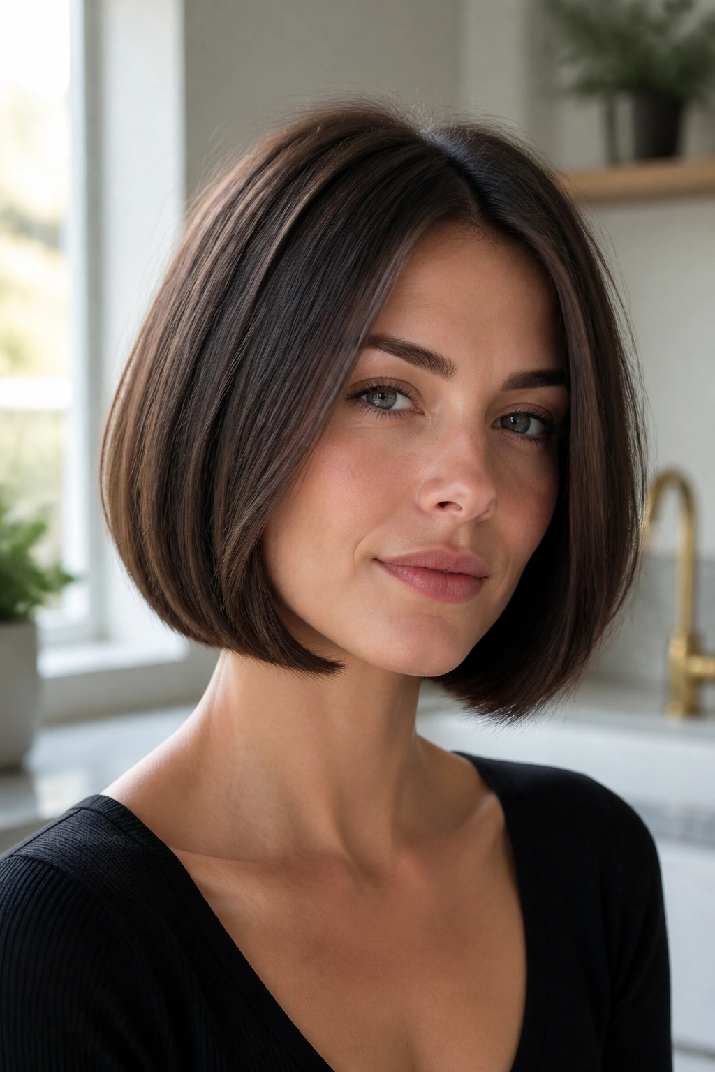 Close-up of a real woman with Beveled Blunt Bob under natural daylight