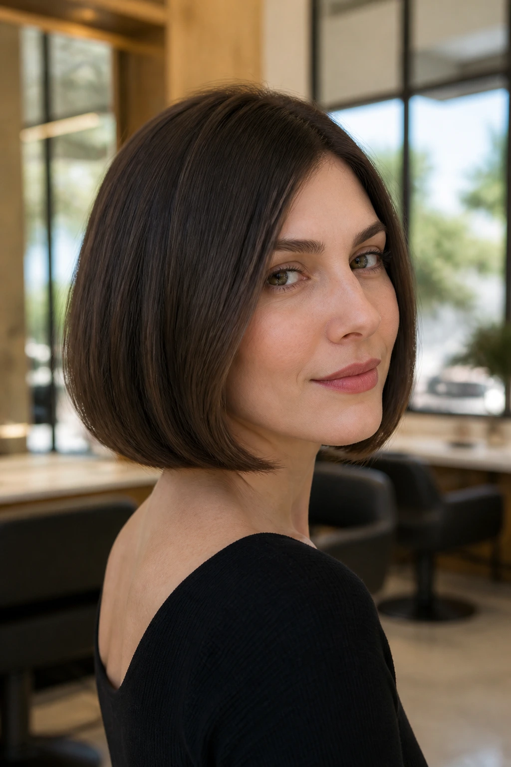 Close-up of a real woman with a beveled bob, ends turned under for a clean line