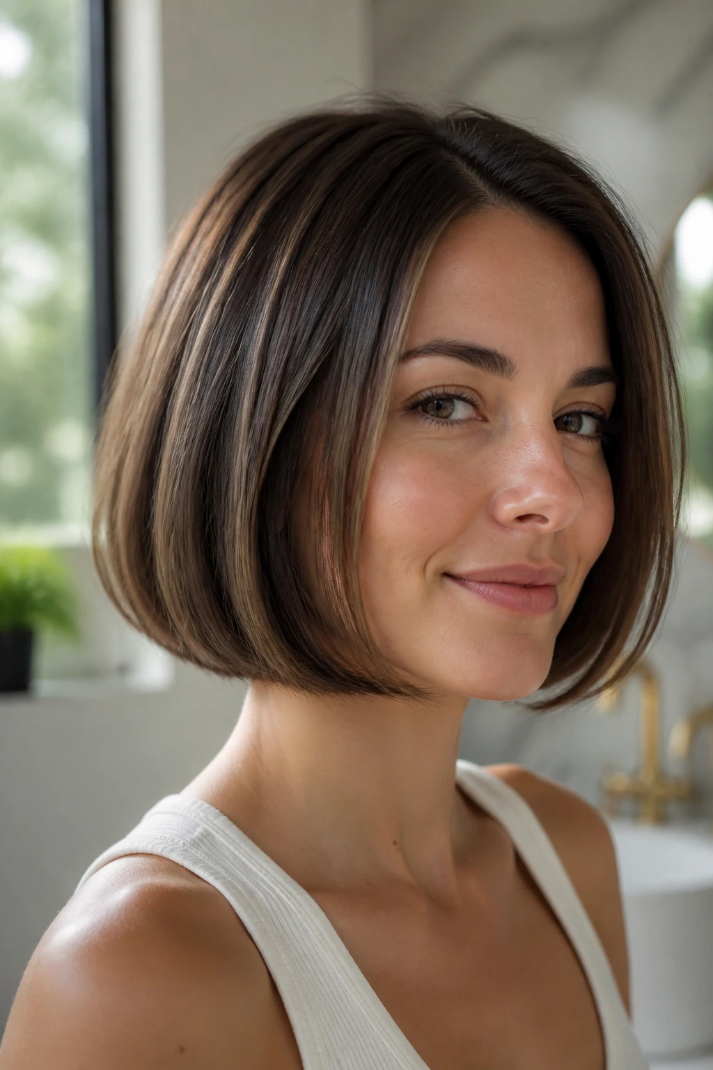 Close-up of a real woman with beveled polished chin bob