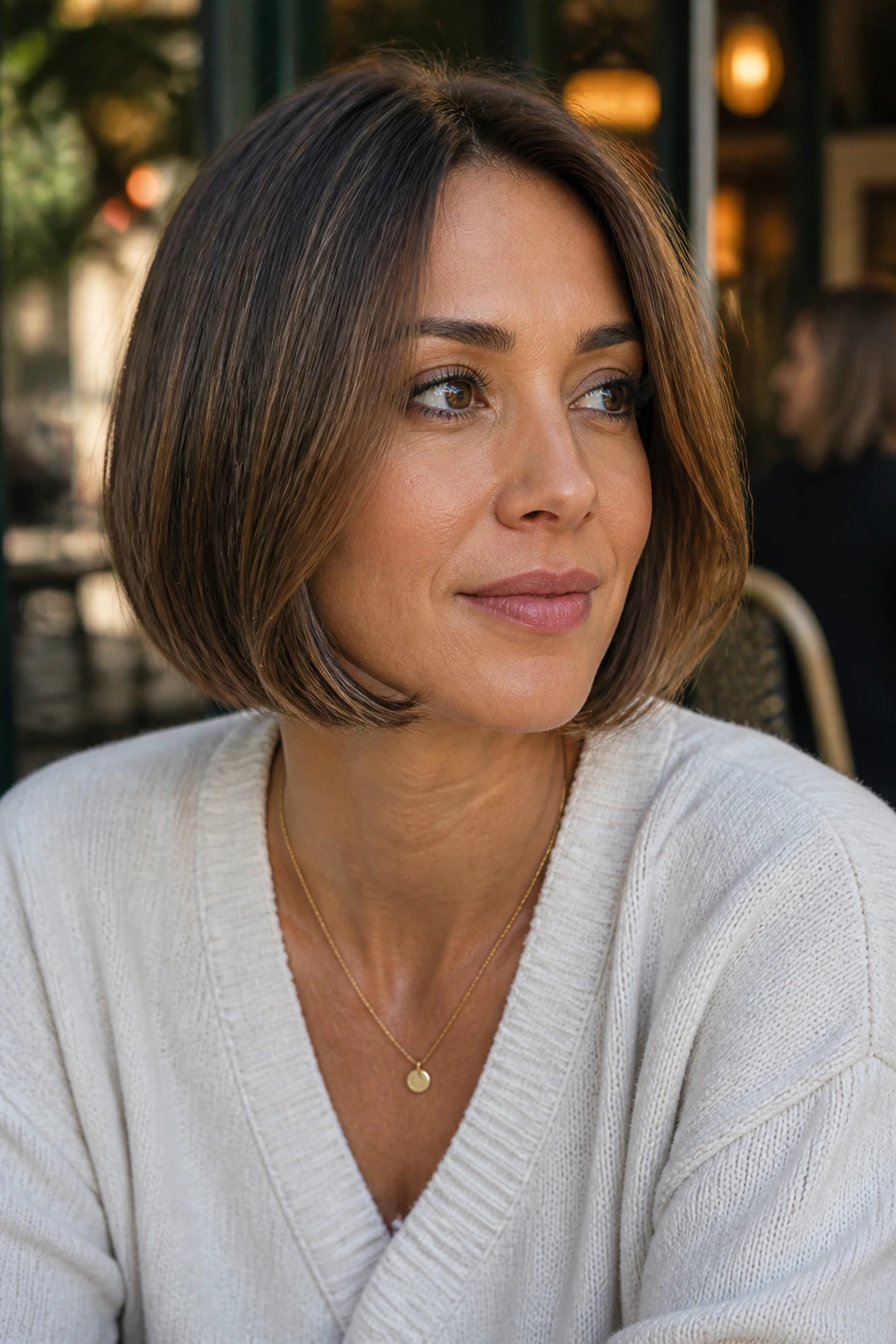Real woman with beveled chin-length bob