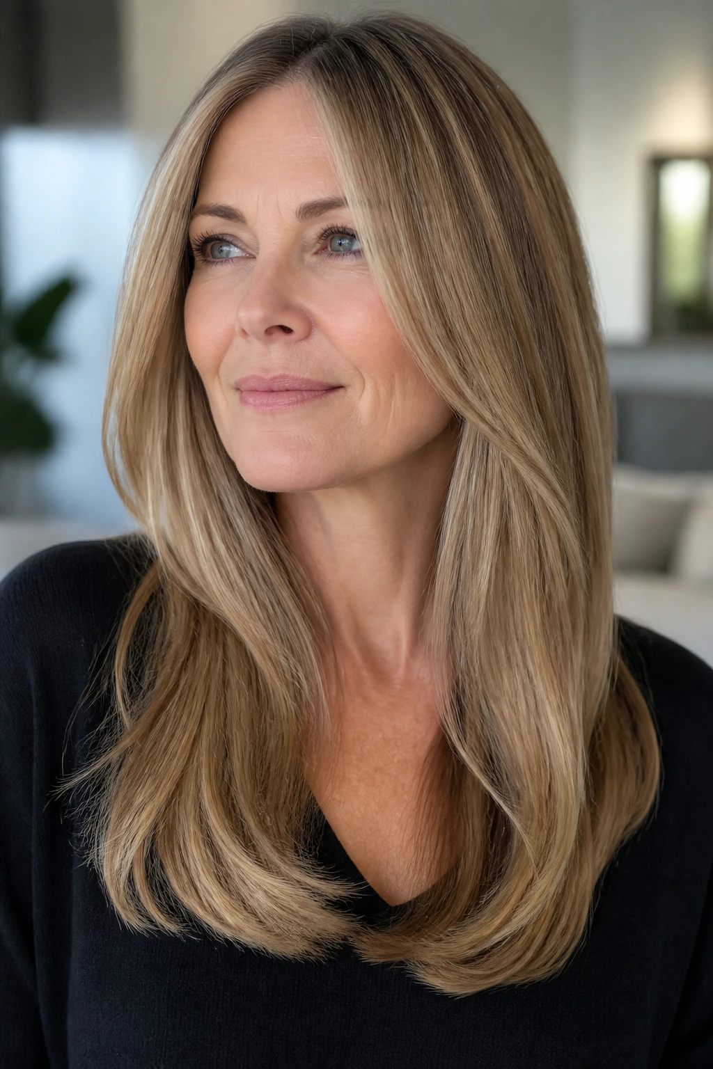 Woman with beveled long ends, polished sleek finish.