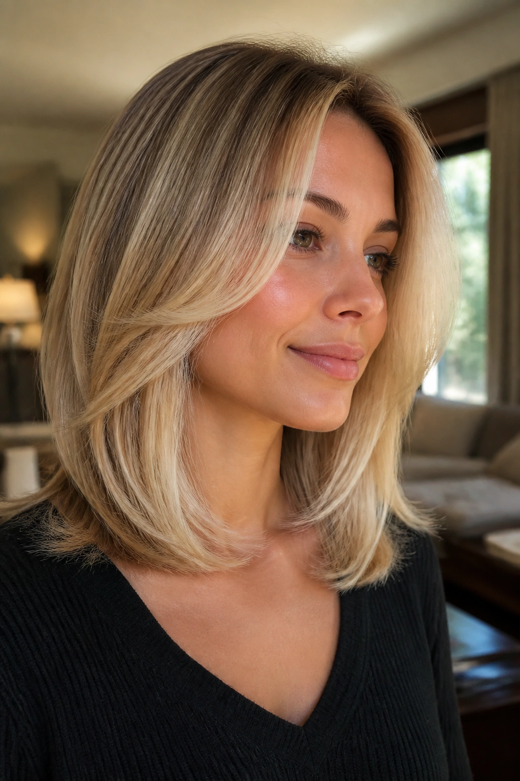 Close-up of a real person with beveled layers framing the face in natural light