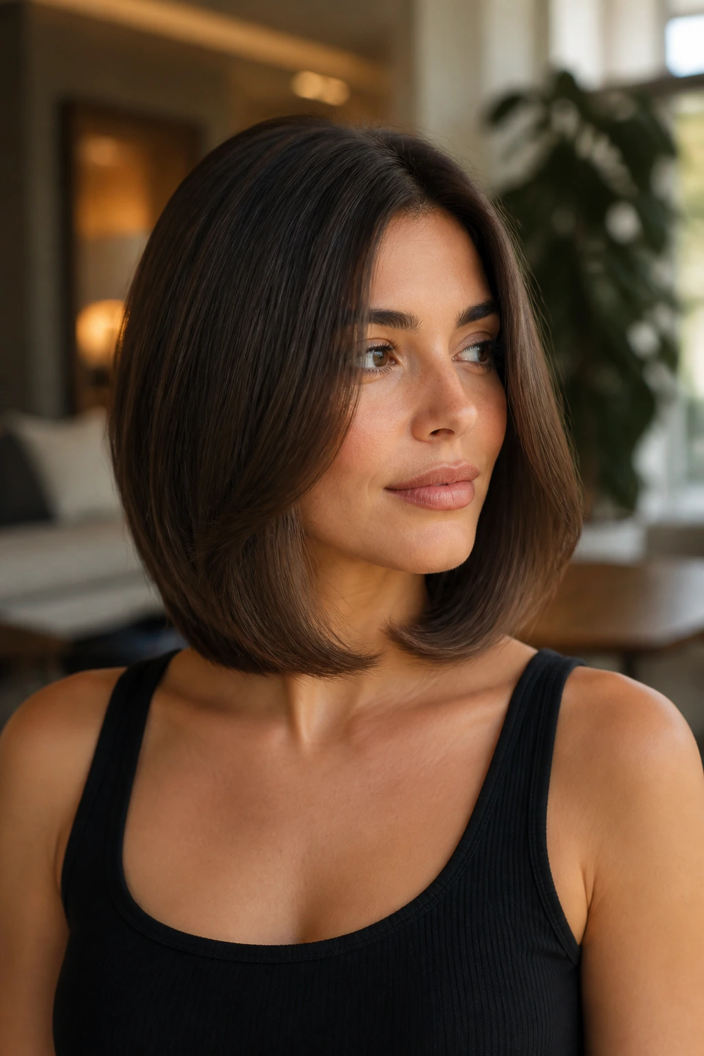 Close-up portrait of a real woman with beveled lob hairstyle in soft warm light