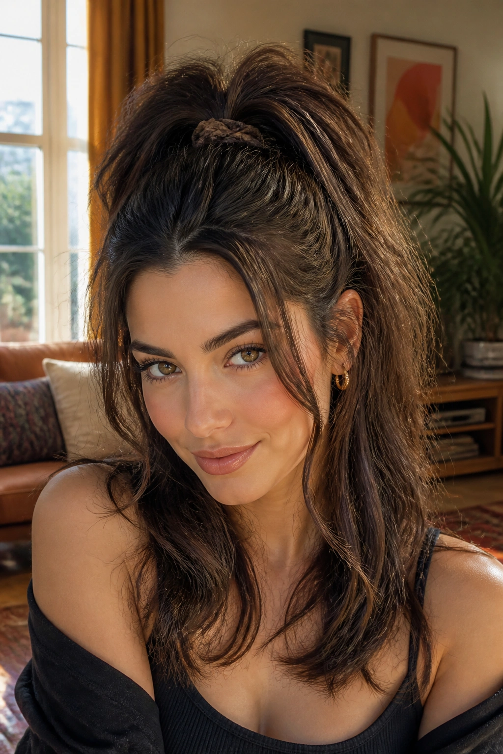 Close-up of a real person with a Big 90s Half Ponytail featuring high crown volume.