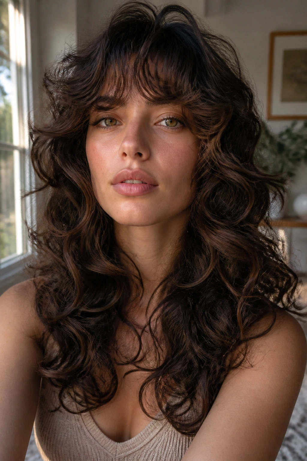 Close-up of a real person with big curl shag perm for glamorous volume