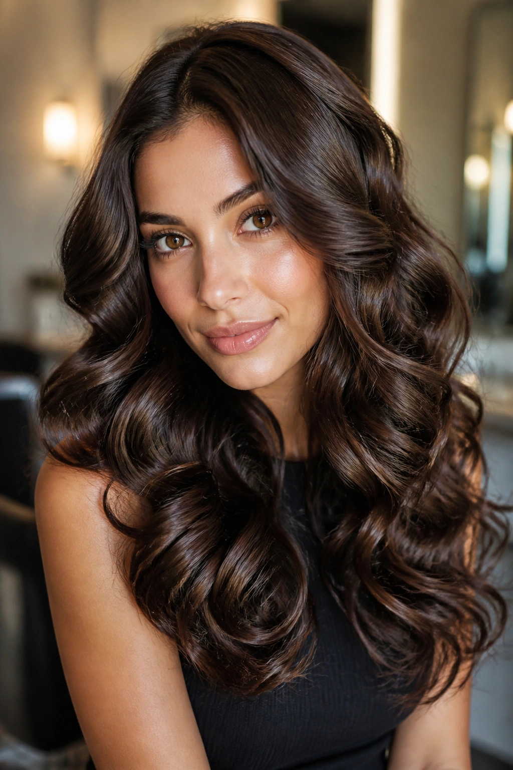 Close-up of a real woman with big glossy satin curls