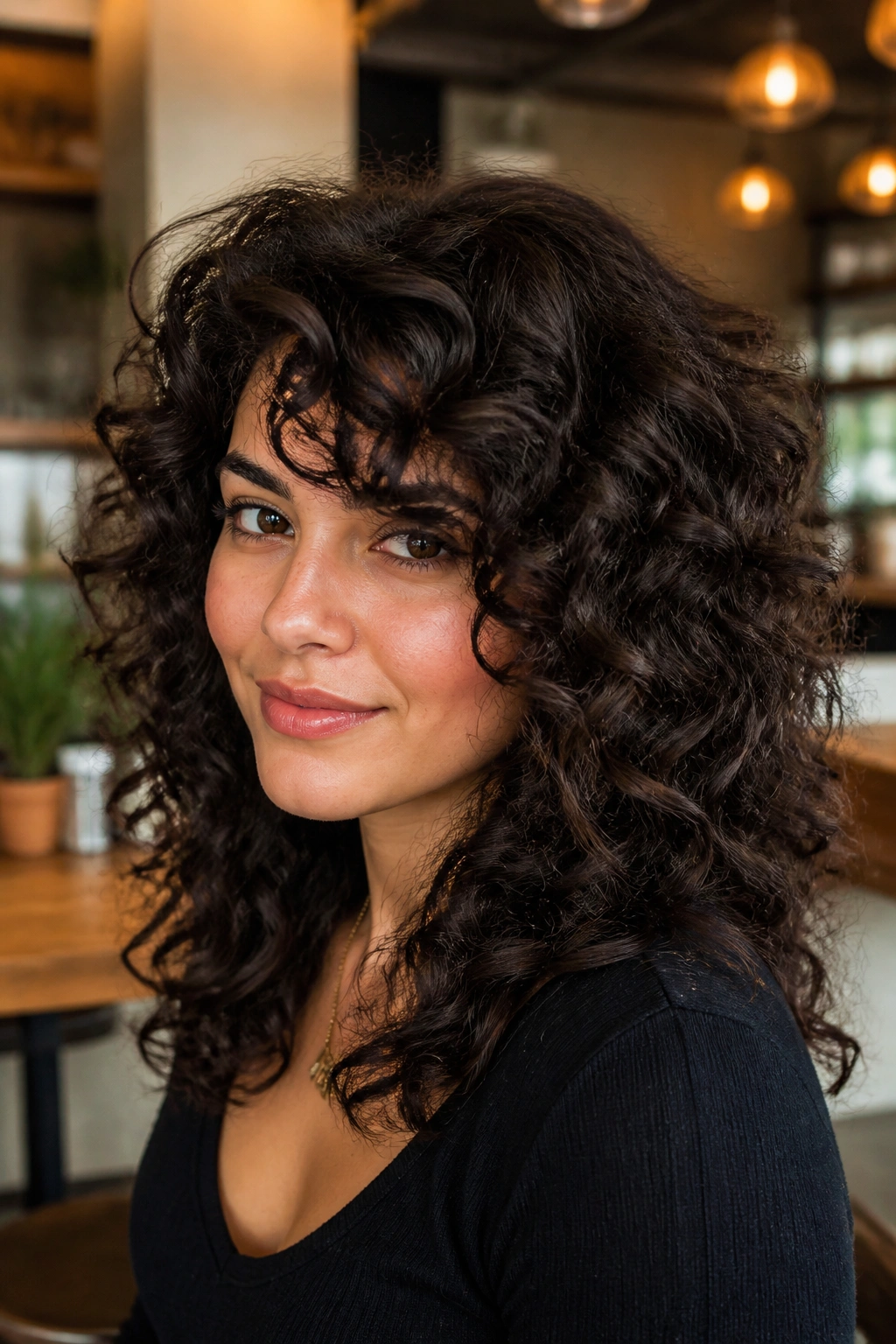 Close-up of a real person with big spiral curls and side bangs