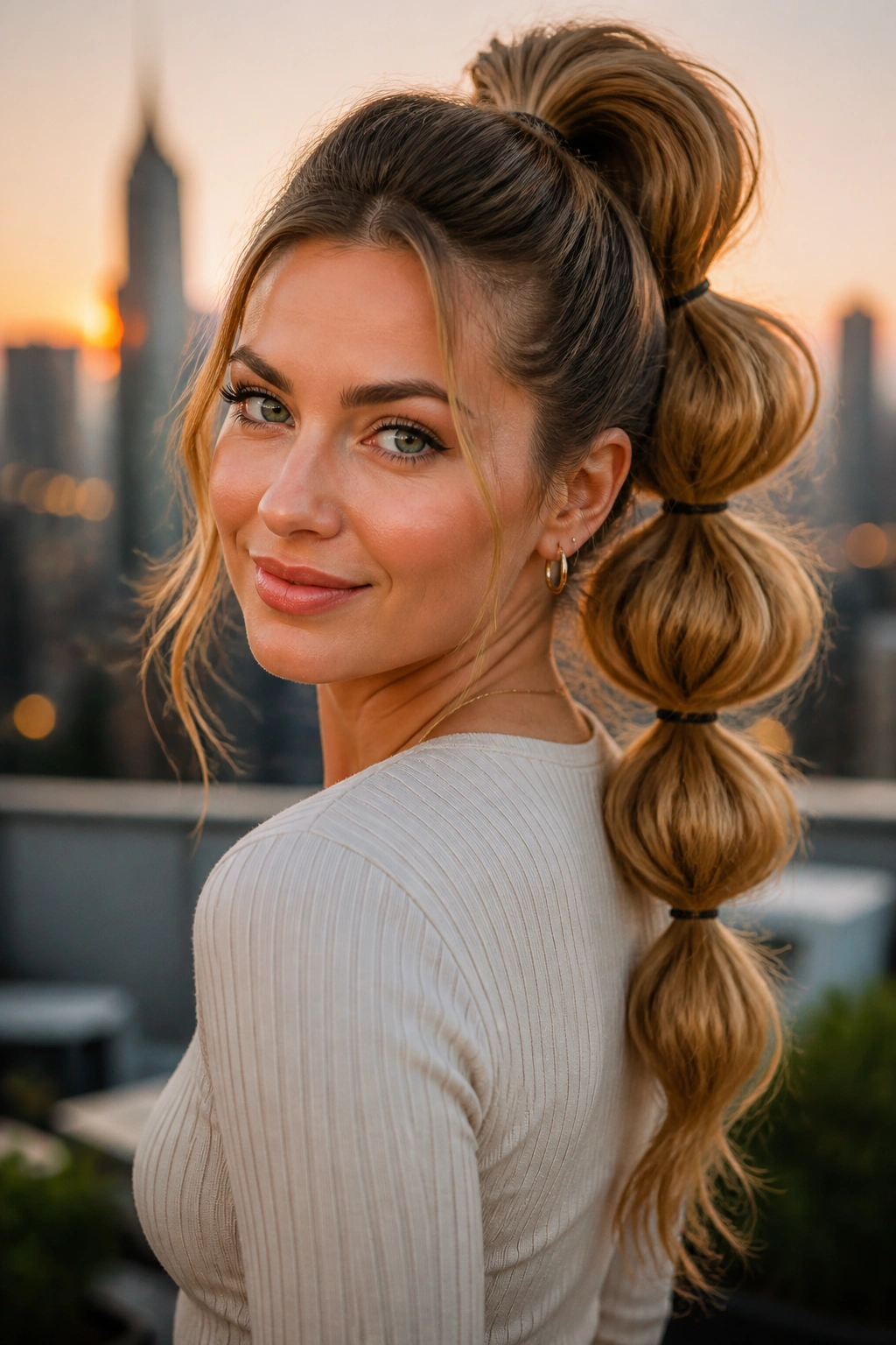 Close-up of a real woman with a big-volume bubble ponytail against blurred city lights on a rooftop
