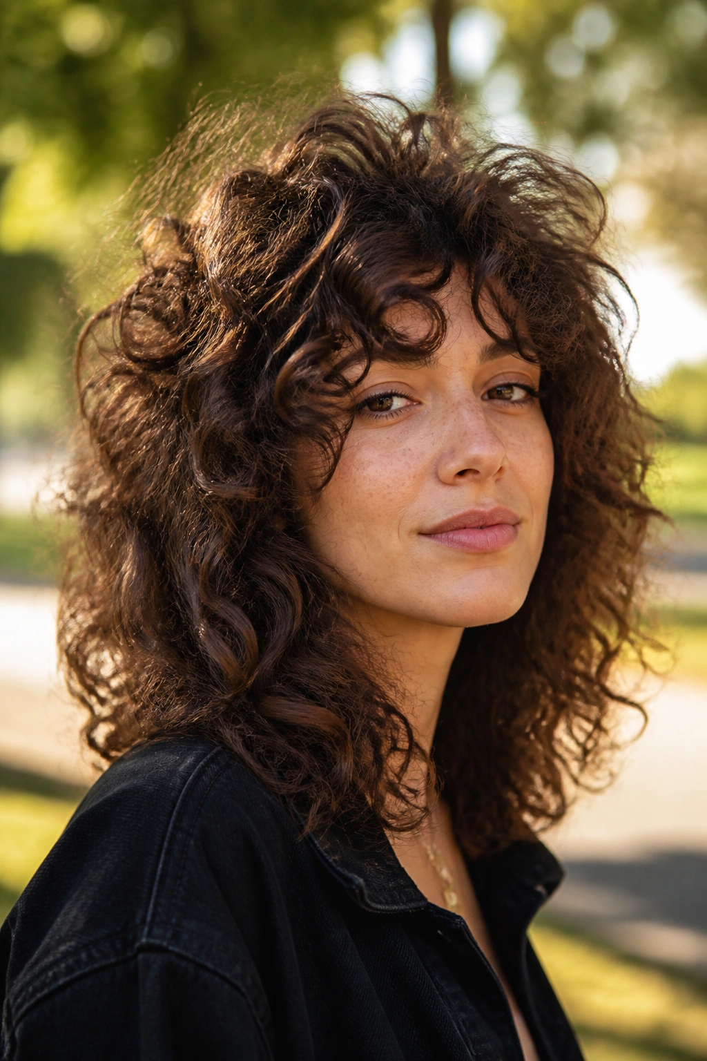 Real woman with voluminous curls in a big-volume curly shag, outdoors in a park.