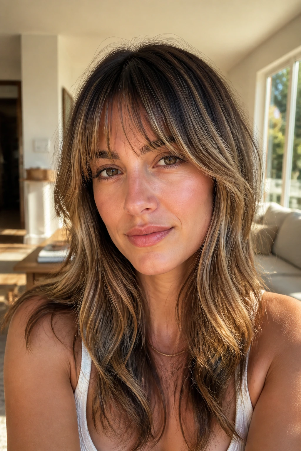 Close-up of a real woman with Birkin bangs and champagne highlights in warm window light