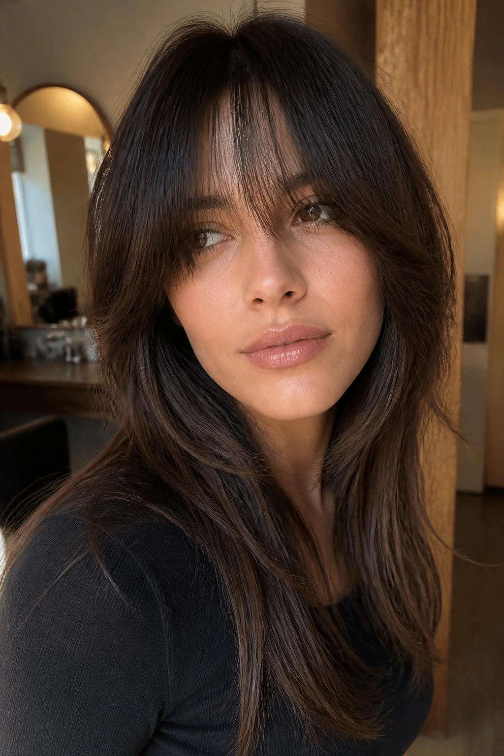 Close-up of a real person with soft Birkin bangs and long loose layers on straight hair