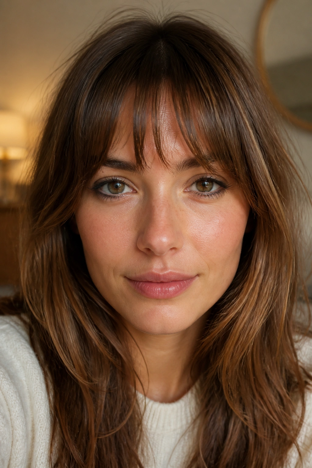 Close-up portrait of Birkin bangs framing the brow line with a soft, airy edge.