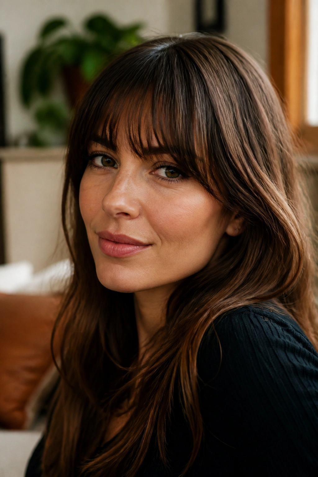 Portrait of a real woman with Birkin bangs and soft density