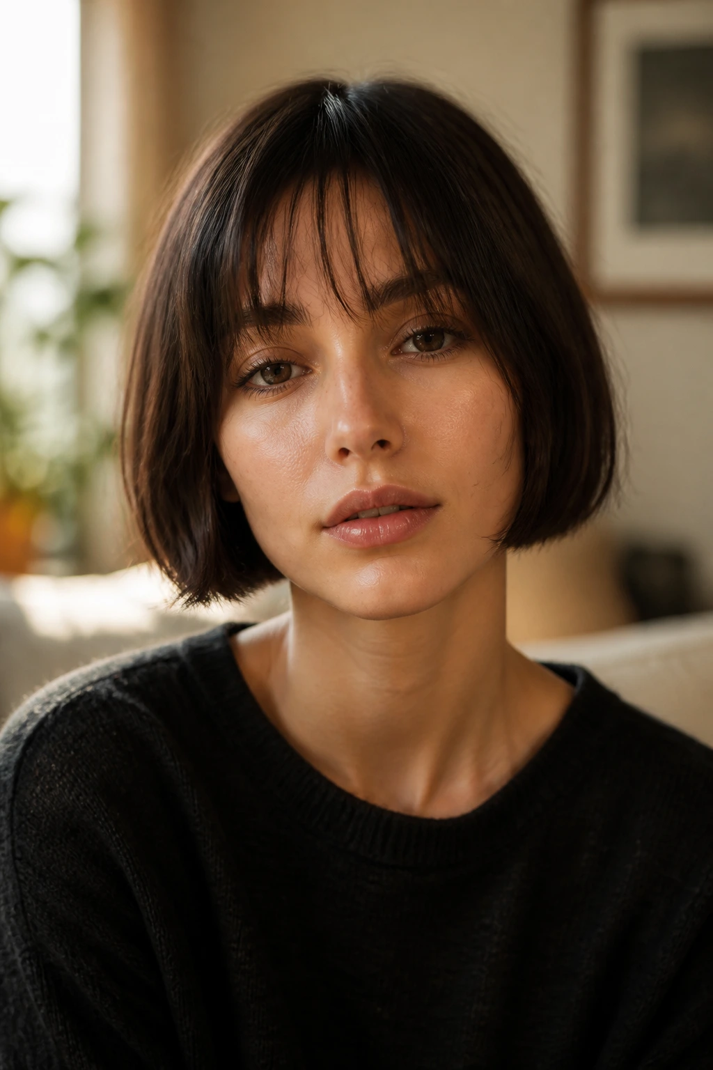 Close-up portrait of a real woman with The Birkin Fringe, thin uneven bangs below eyebrows in a cozy room