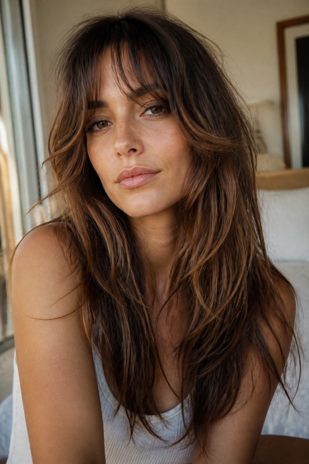 Close-up portrait of a real woman with Birkin-inspired fringe on long layered hair