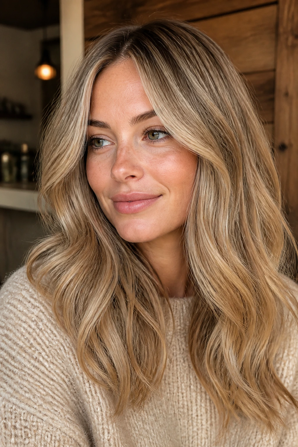 Real person with biscuit blonde warm beige hair and subtle root shadow