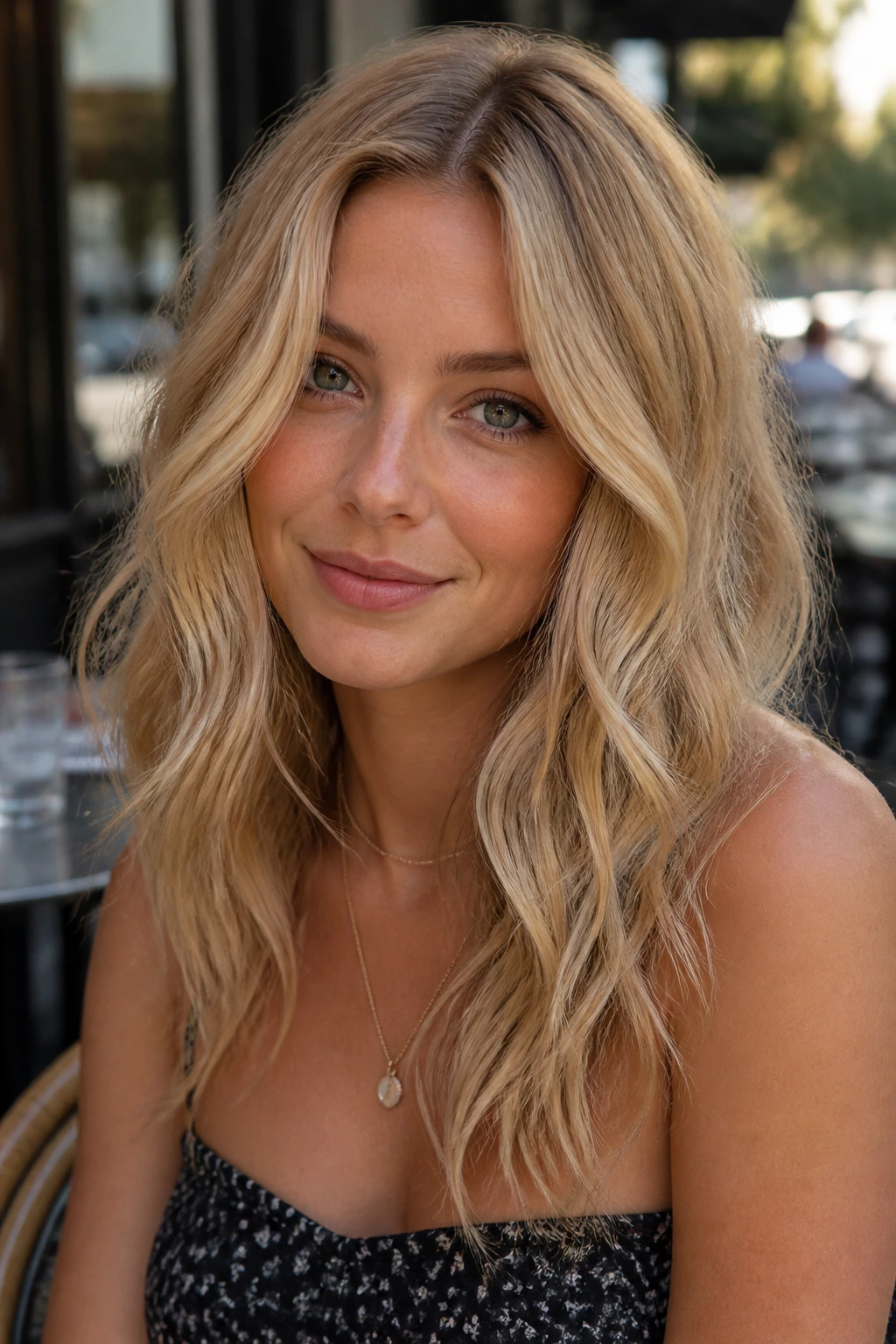 Close-up of a real woman with biscuit blonde hair.