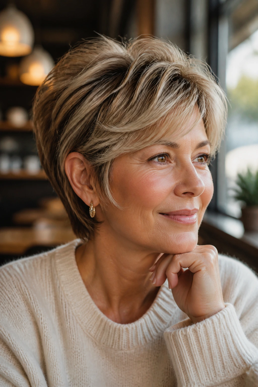 Portrait of a real woman with a bixie haircut and airy crown layers