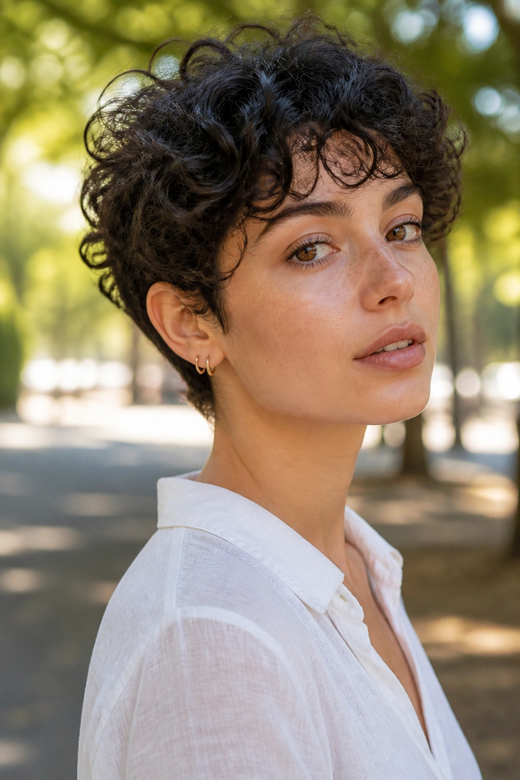 Close-up of a person with a bixie bob for curls in golden hour light