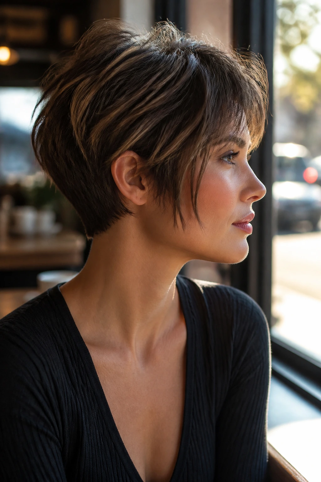 Close-up portrait of a real woman with a bixie-bob hybrid hairstyle.