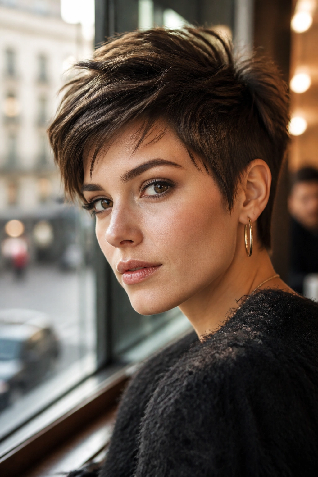 Real woman with bixie-bob hybrid showing short sides and longer lifted top.