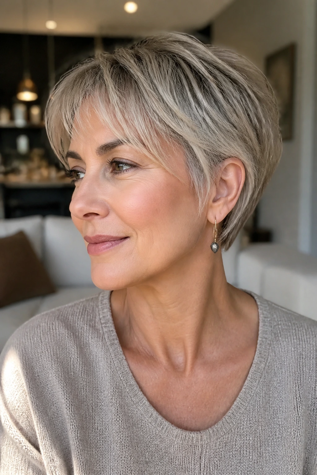 Real woman with bixie bob hybrid, short sides long top