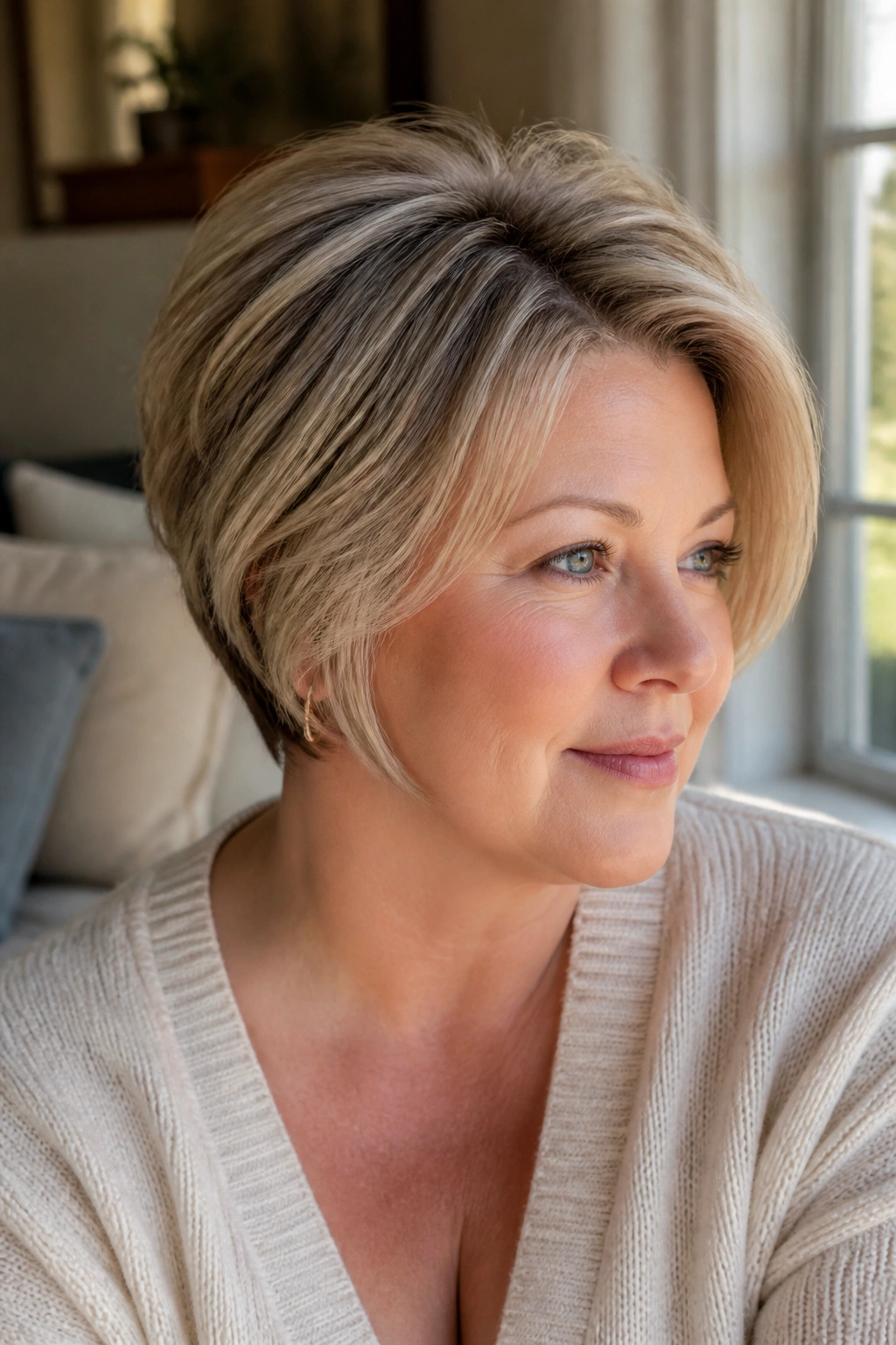 Close-up portrait of a real woman with a Bixie Bob Hybrid showing understated volume
