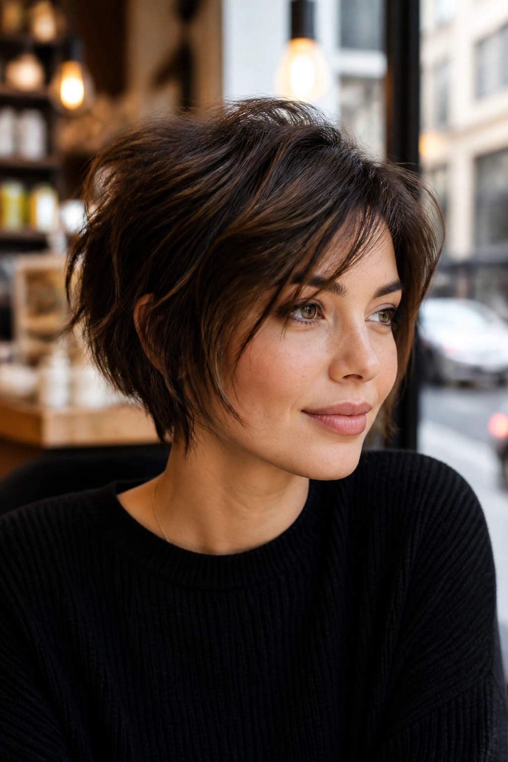 Close-up of a real person with a bixie hairstyle in a cafe setting