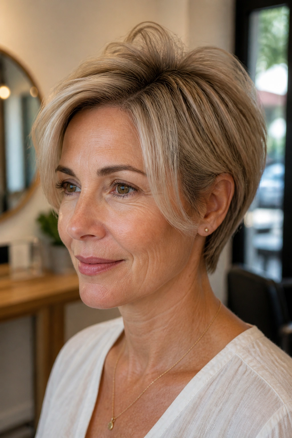 Close-up portrait of a real woman with a bixie cut and crown lift