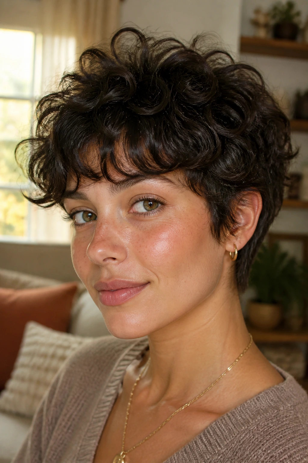 Close-up of a real woman with a bixie haircut and soft fringe on curly hair