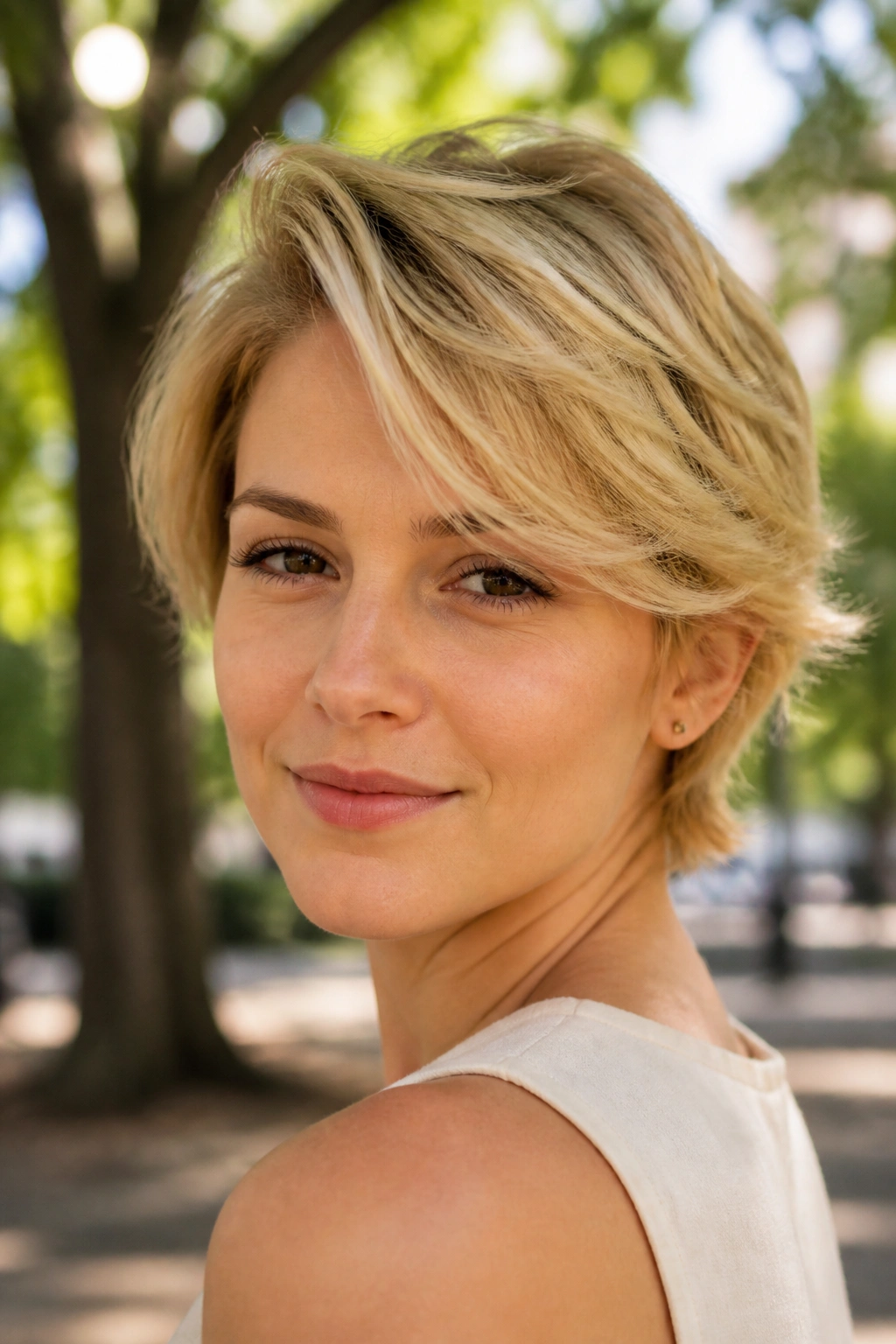 Frontal portrait of a real woman with bixie cut