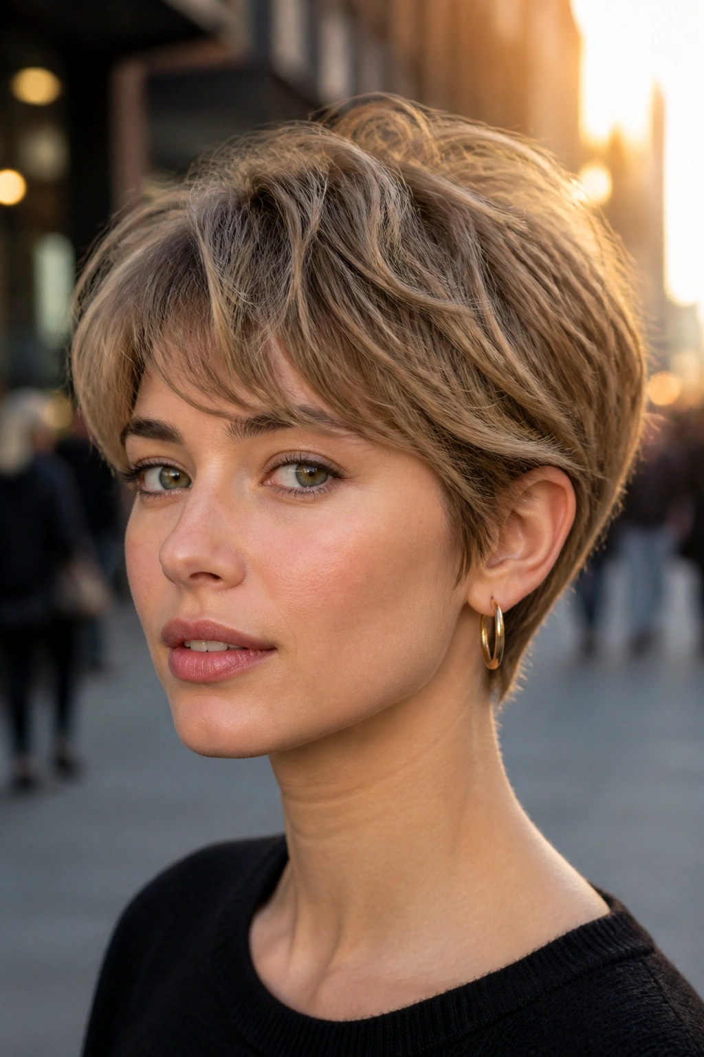 Close-up portrait of a real woman with a bixie cut showing short sides and longer top.