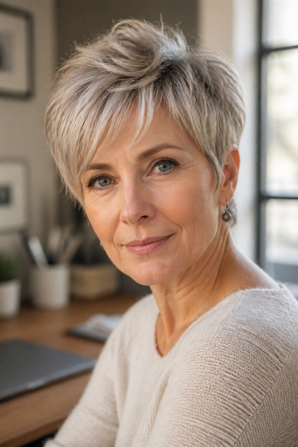Real woman with bixie cut showing balanced length