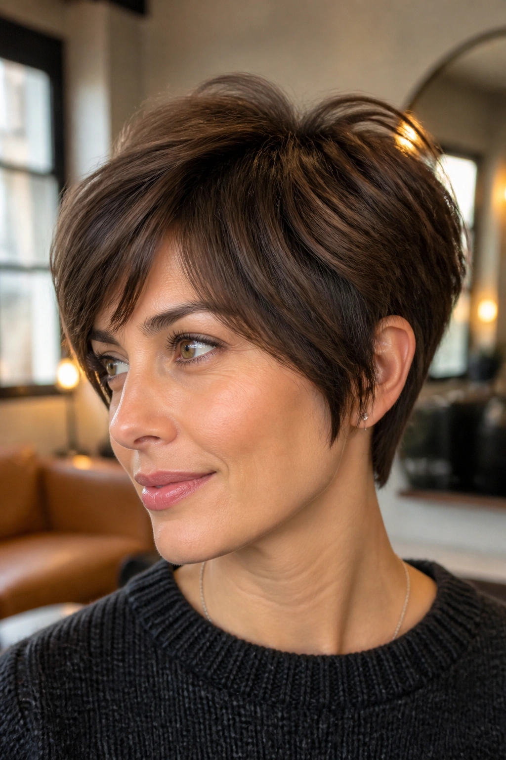 Close-up of a real woman with a cocoa brown bixie cut and textured layers.