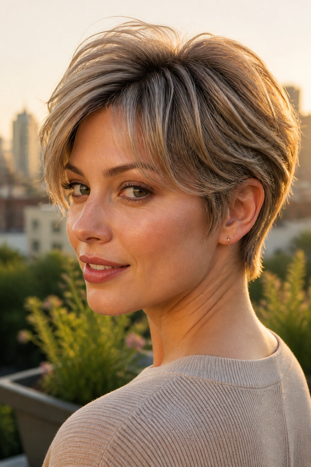 Portrait of a person with bixie cut and soft crown layers