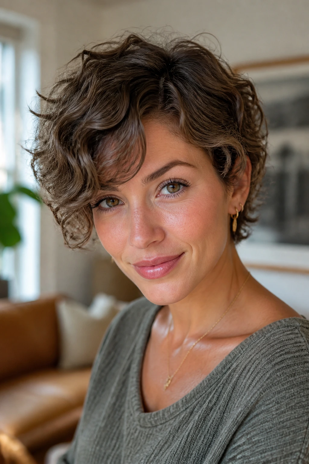 Close-up of a real woman with a bixie cut and sweeping bangs on 2c curls in a cozy living room.