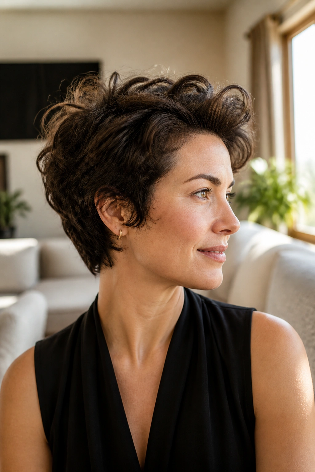 Portrait of a real woman wearing a bixie cut with longer crown
