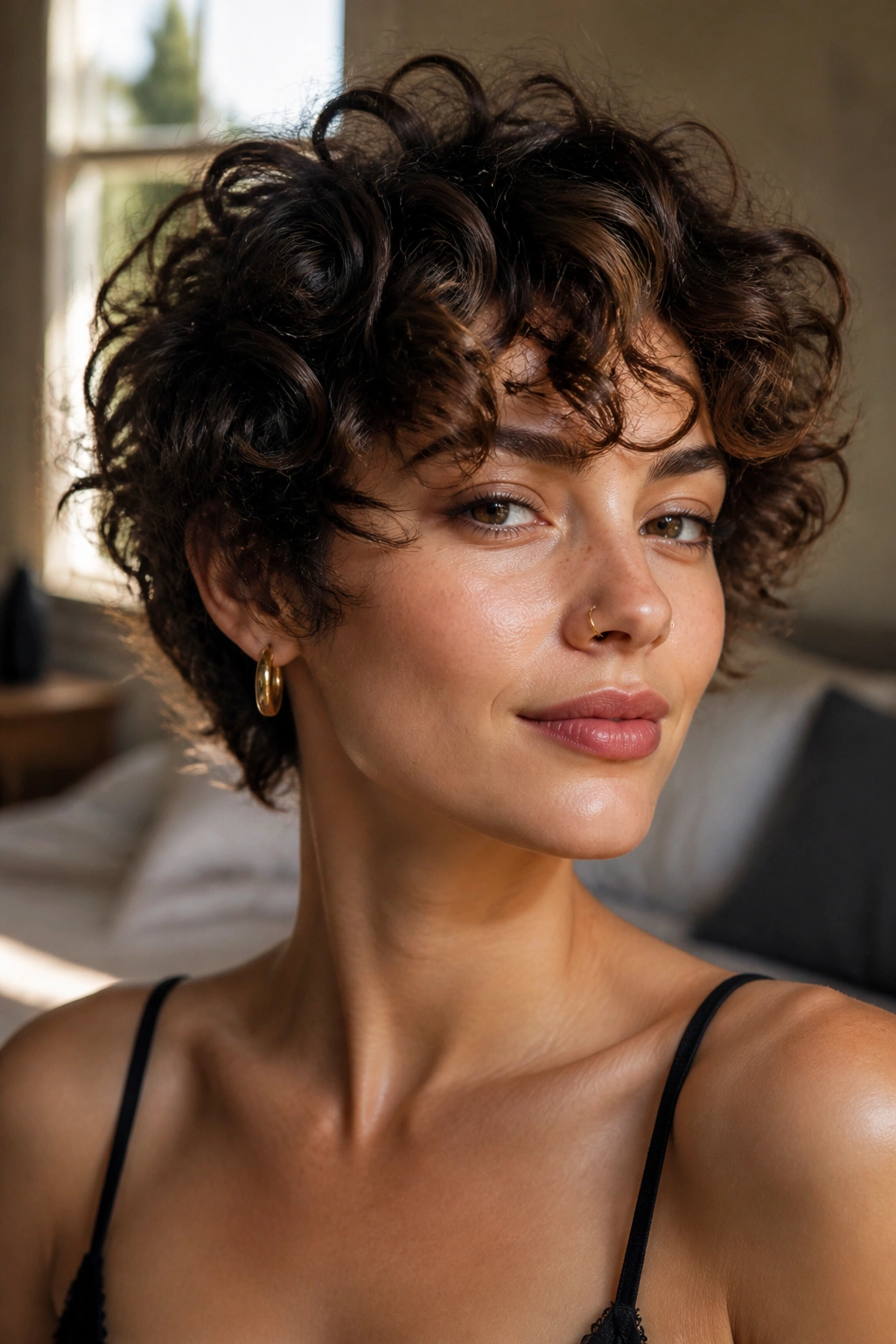 Close-up portrait of a real woman with a bixie haircut, curls framing the face under warm window light.
